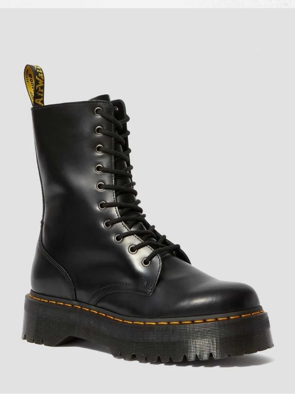 Dr. Martens Jadon Hi Black Lace-Up Platform Combat Boots with Yellow Stitching